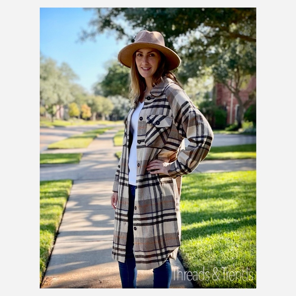 LAST ONE!! ON SALE! Brown Plaid Long Woolen a flannel Coat - Picture 3 of 10